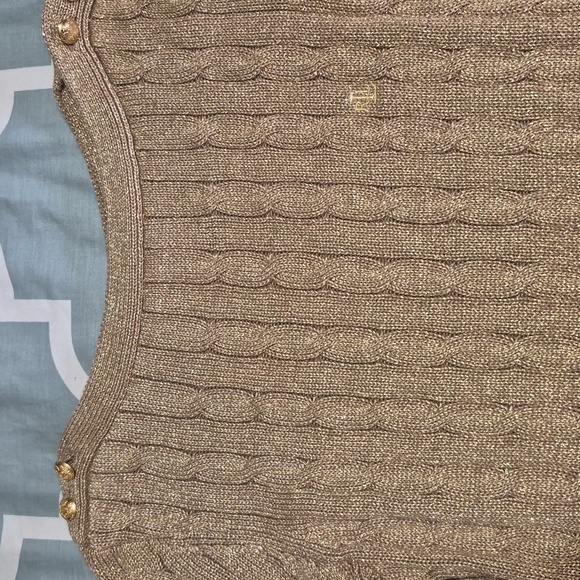 Lauren Ralph Lauren Boat Neck Gold Cable Knit Sweater Button Shoulder Accent - Picture 2 of 12